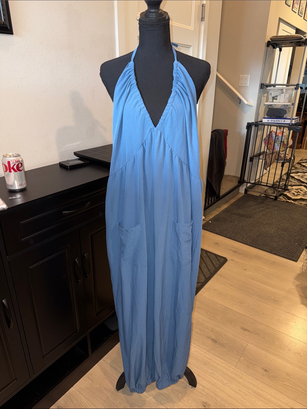 Blue Tie Neck Halter Overall Romper XL